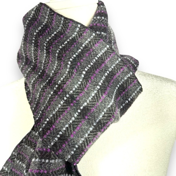 Avoca The Mill Lambswool Cashmere Chenille Blend Striped Scarf, Grey/Purple - Picture 3 of 11